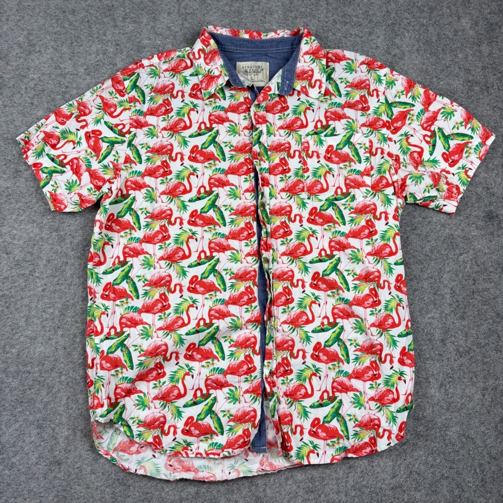 Straight Faded Button Down Shirt Mens Large Flamingo Tropical Print White Red